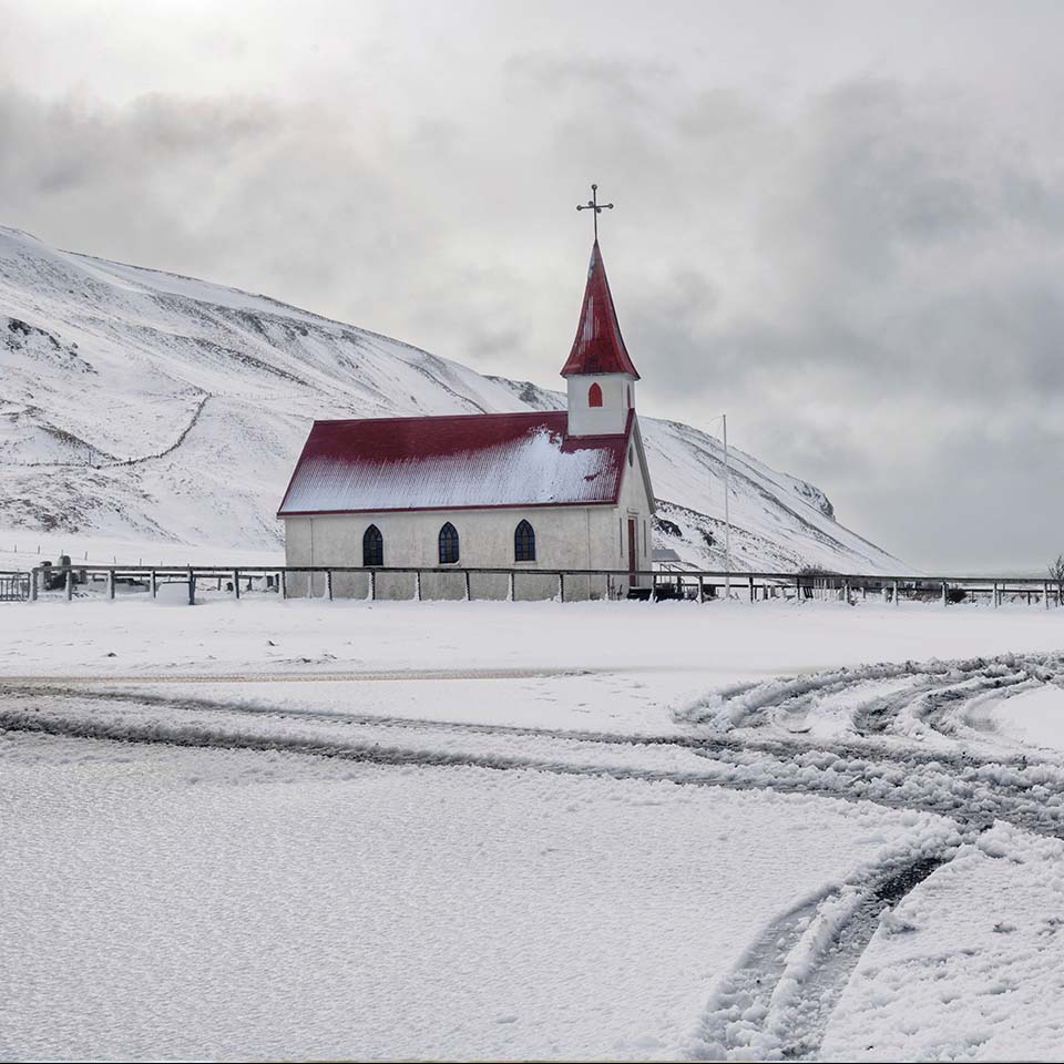 2CD61BH - Church in winter snow, Iceland -