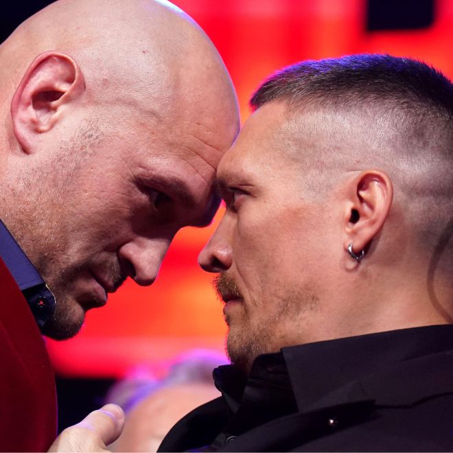 Tyson Fury (left) and Oleksandr Usyk during a press conference at Outernet London. 