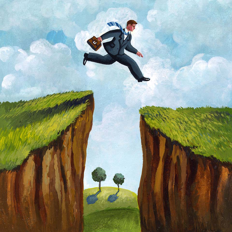 BPY961 - A picture of a businessman running across two cliffs