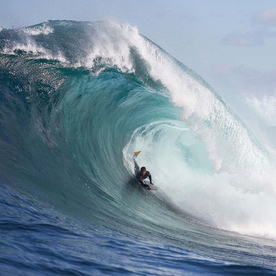 BXD570 - A surfer bodyboarding a dangerous wave at Shipstern bluff, in Tasmania.