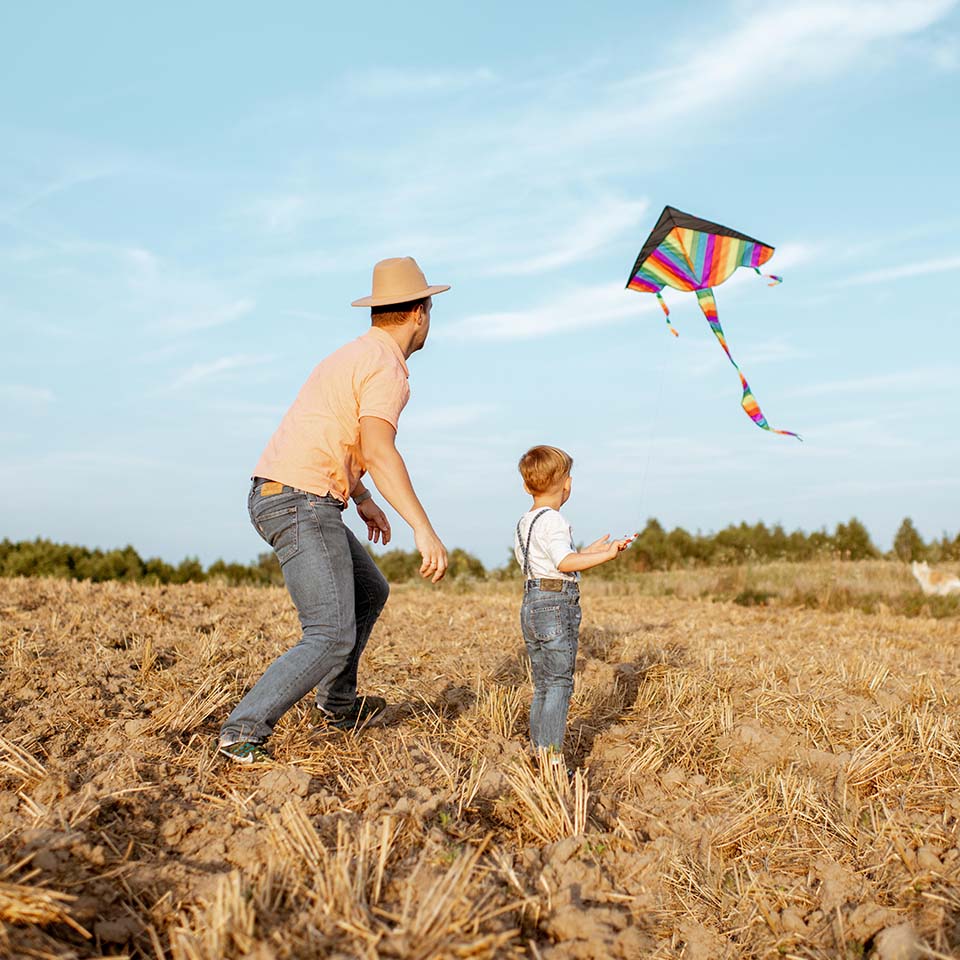 WAX1A7 - Father with son launching colorful air kite on the field. Concept of a happy family having fun during the summer activity