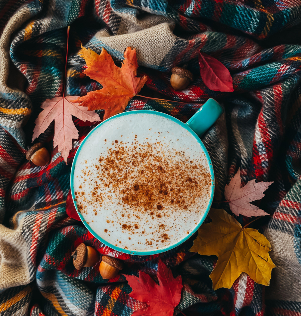 Overhead of pumpkin spice latte on plaid fall scarf with leaves